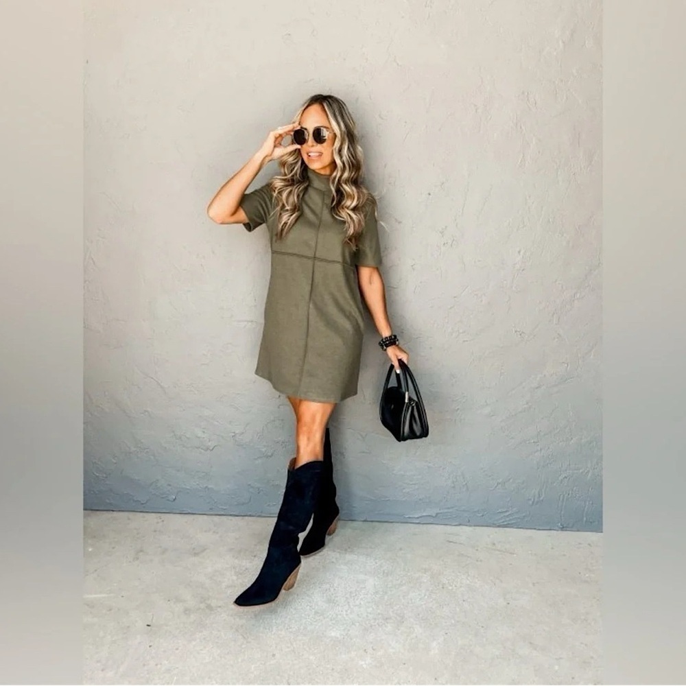 Hunter Green Soft Suede Mock Neck Mini Dress
